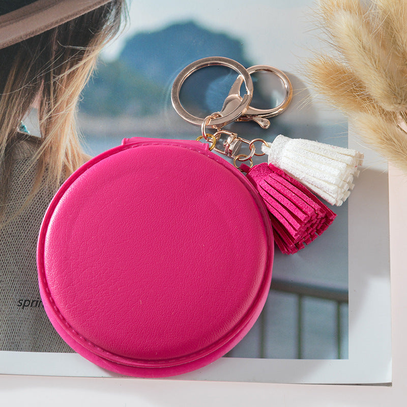 Mini Round PU Leather Small Mirror Lovely Tassel