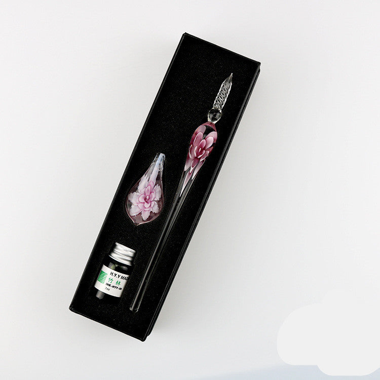 Elegant Crystal Flower Glass Dip Pen Set