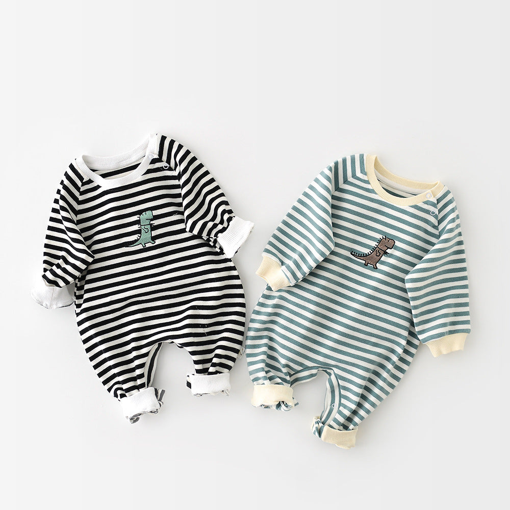 Male And Female Baby Cartoon Striped Dinosaur Embroidery