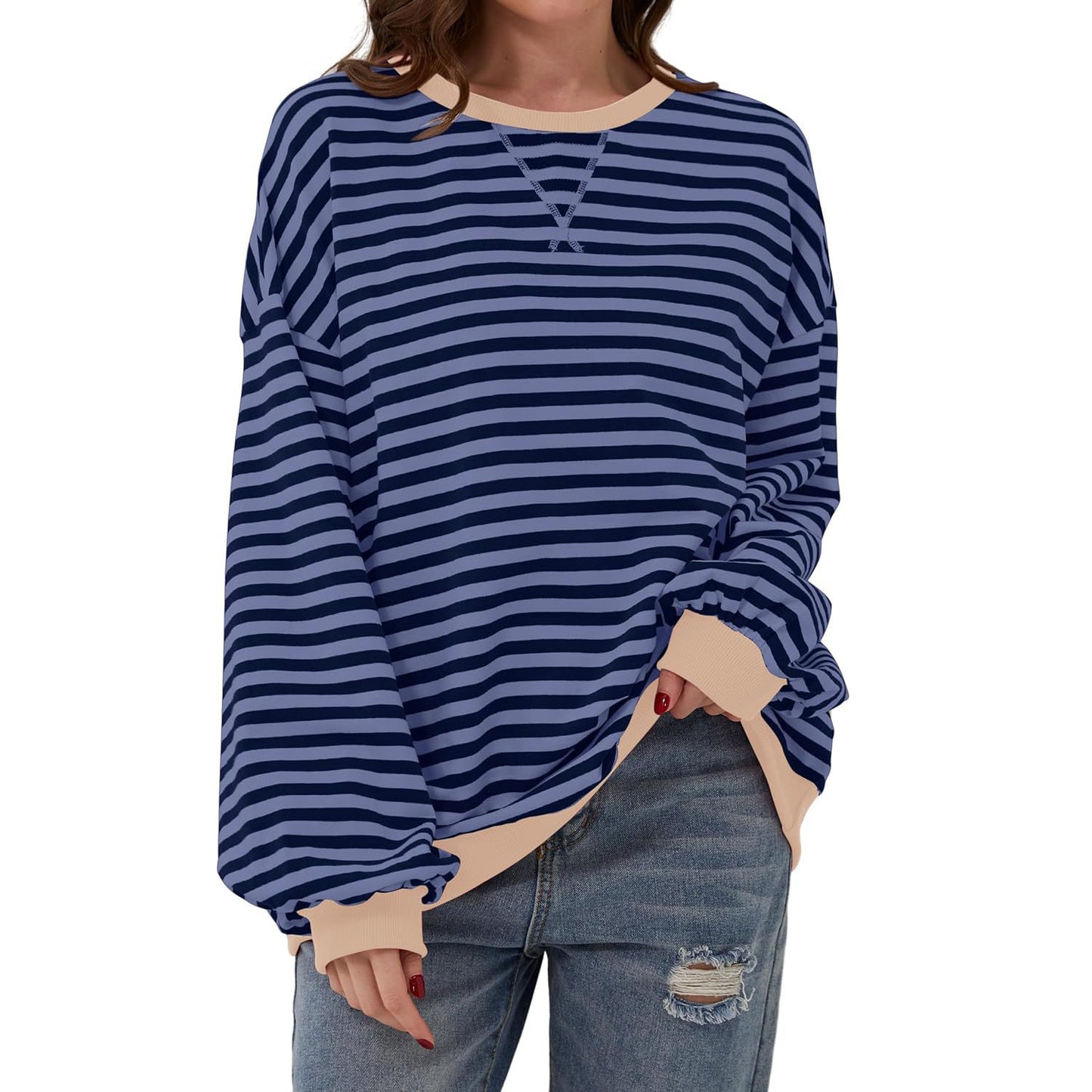 Loose Striped Long Sleeve T-shirt Casual Pullover Sweater For Women's Clothing