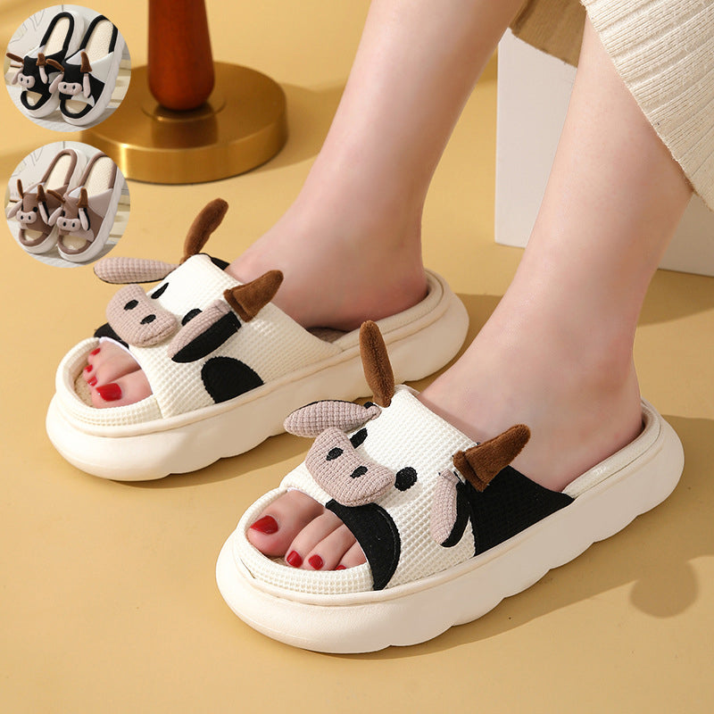 Cute Cartoon Cow Frog Slippers Linen Non-Slip Shoes