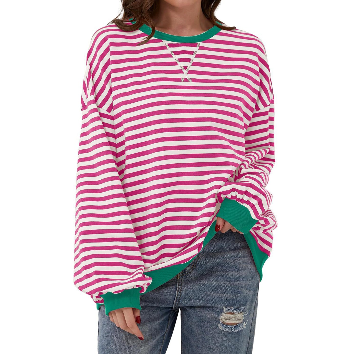 Loose Striped Long Sleeve T-shirt Casual Pullover Sweater For Women's Clothing