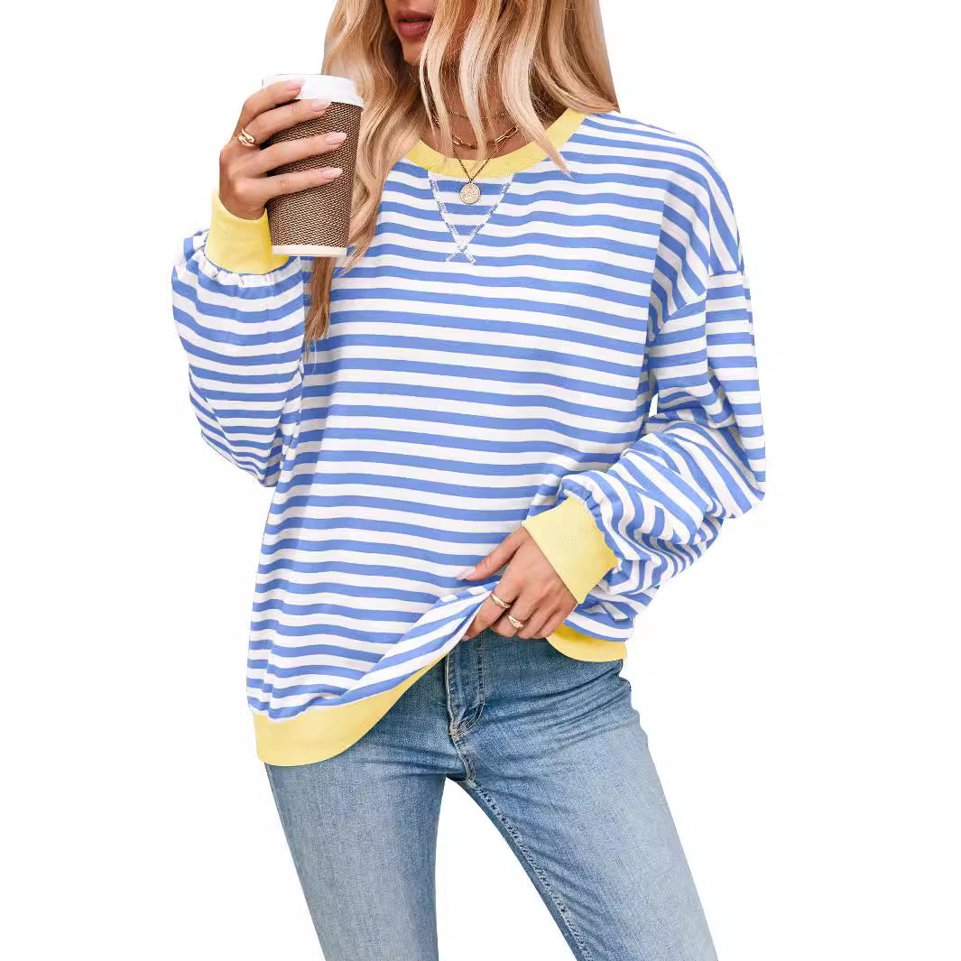 Loose Striped Long Sleeve T-shirt Casual Pullover Sweater For Women's Clothing