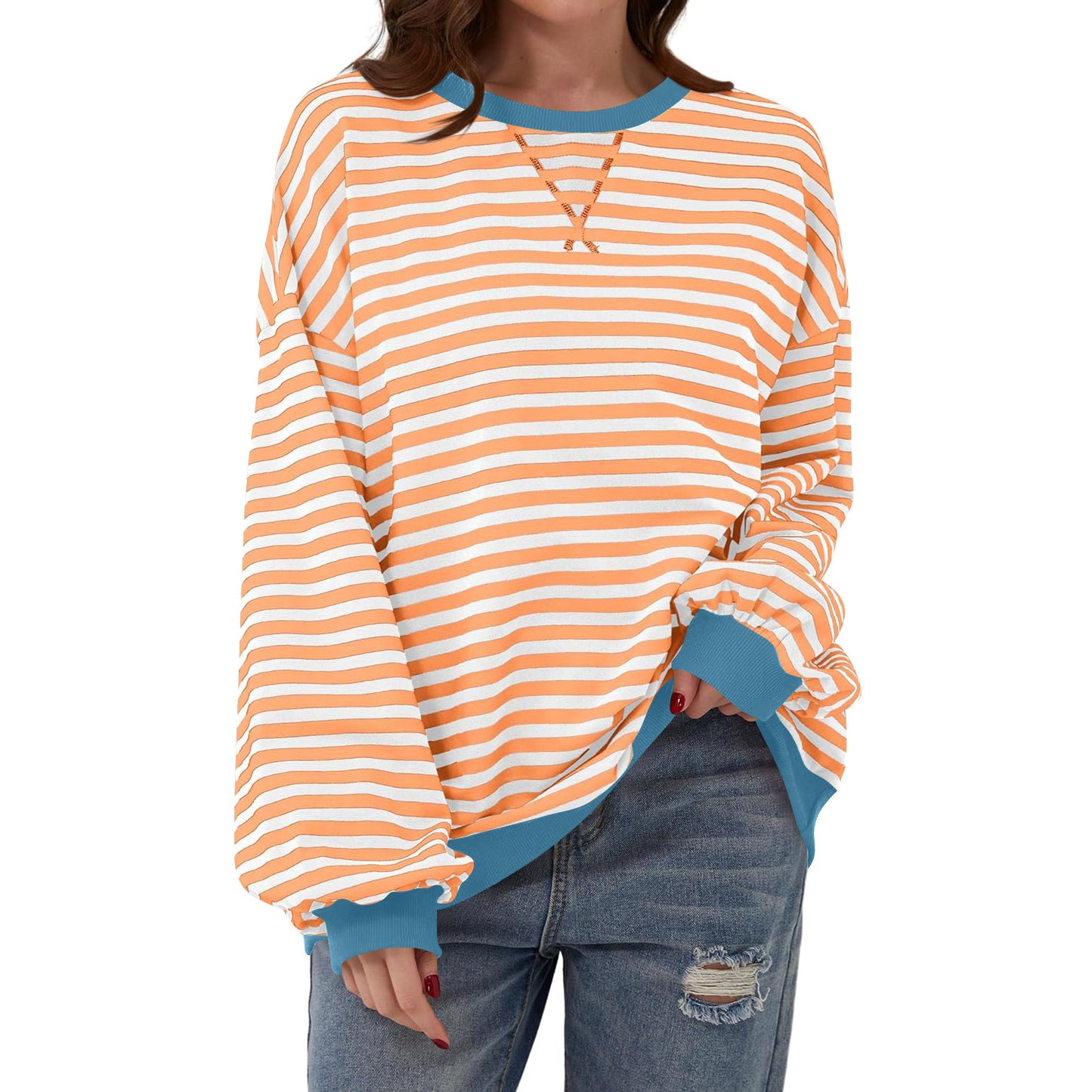 Loose Striped Long Sleeve T-shirt Casual Pullover Sweater For Women's Clothing