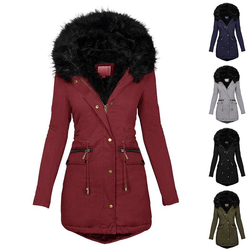 Women'S Plush Hooded Parkas Winter Warm Thick Zip-Up