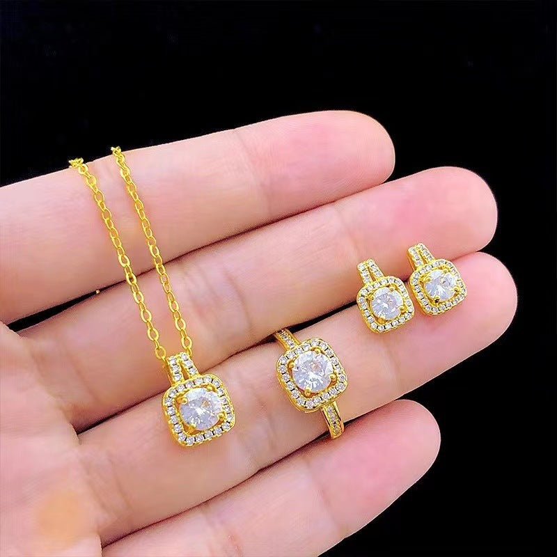 Fashion Jewelry Set Zircon Gem Pendant Chain Choker Necklace For Women Gold Color Stud Earring Statement Wedding Ring