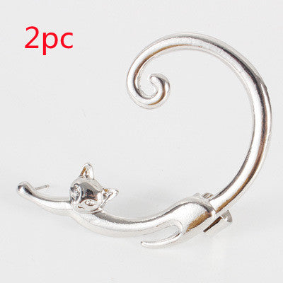 Single Piece Punk Style Cat Post Earring with Ear Cuff Rock Animal Black Stud Earring