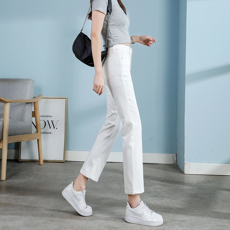 White Jeans Korean Style High Waist Stretch Cigarette Pants Small Cropped Straight Pants