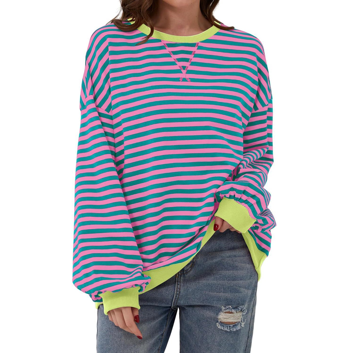 Loose Striped Long Sleeve T-shirt Casual Pullover Sweater For Women's Clothing