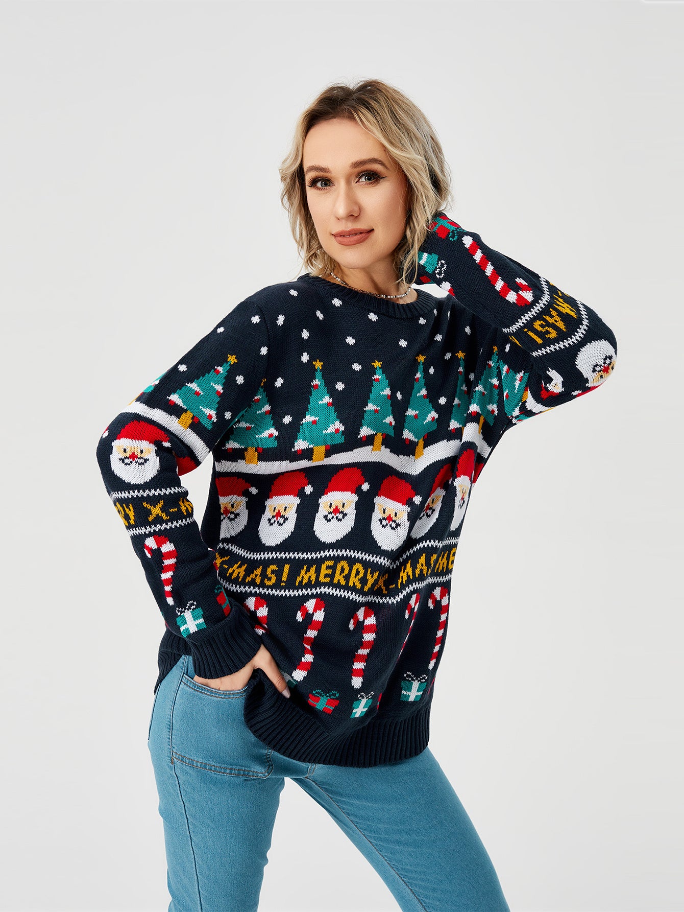 Women's Christmas Sweater Pullover Knitted Jumper Long Sleeve Crew Neck Sweater Shirt