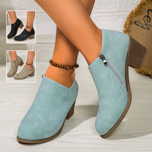 Chunky Heel Round Toe Ankle Boots With Side