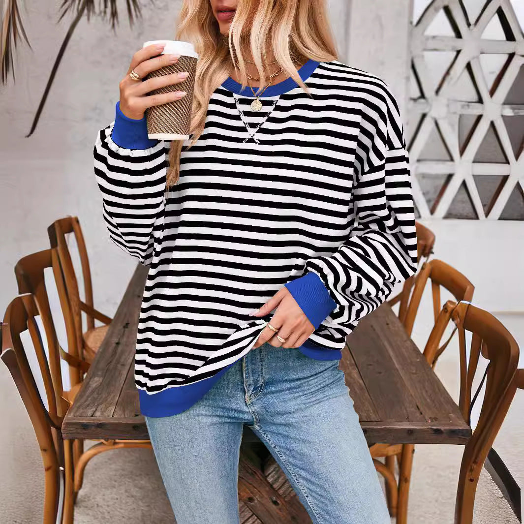 Loose Striped Long Sleeve T-shirt Casual Pullover Sweater For Women's Clothing