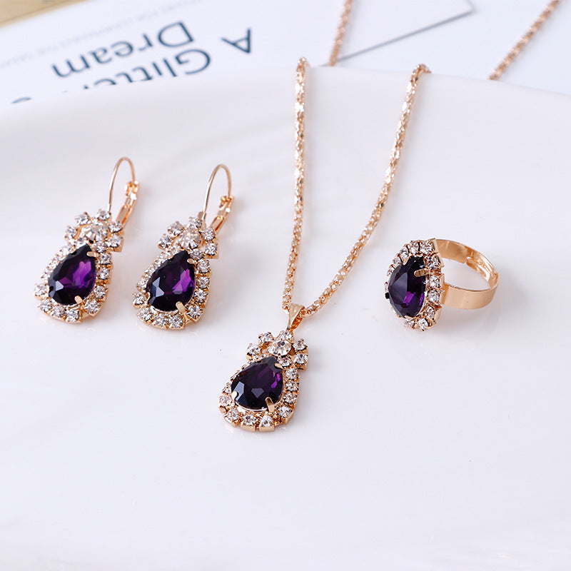 Water drop rhinestone necklace earrings ring set