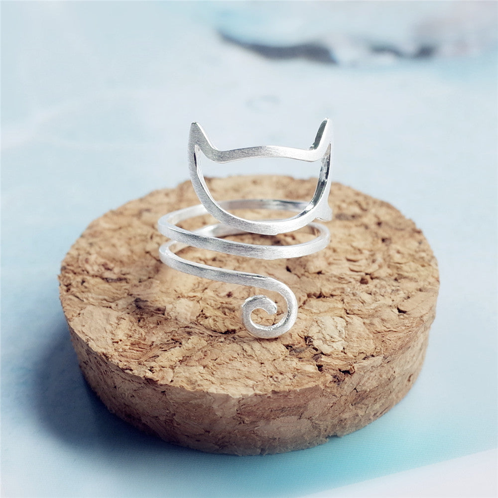 S925 Silver Personalized Winding Brushed Cute Cat Ring