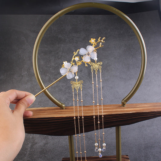 Ancient Style Hair Accessories Hanfu Plum Blossom Branch Tassel Hairpin White Flower Drill