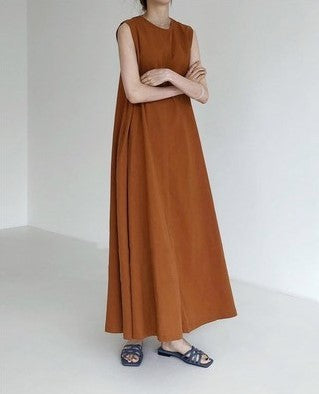 Chic Style Loose Sleeveless Pumpkin Color Long Cotton And Linen Dress