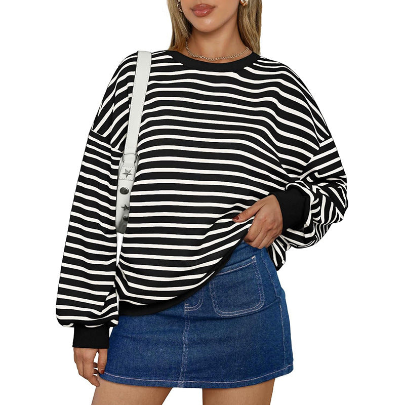 Cross Border TK Amazon Hot Oversized Loose Casual Striped Full Sleeves Tshirt