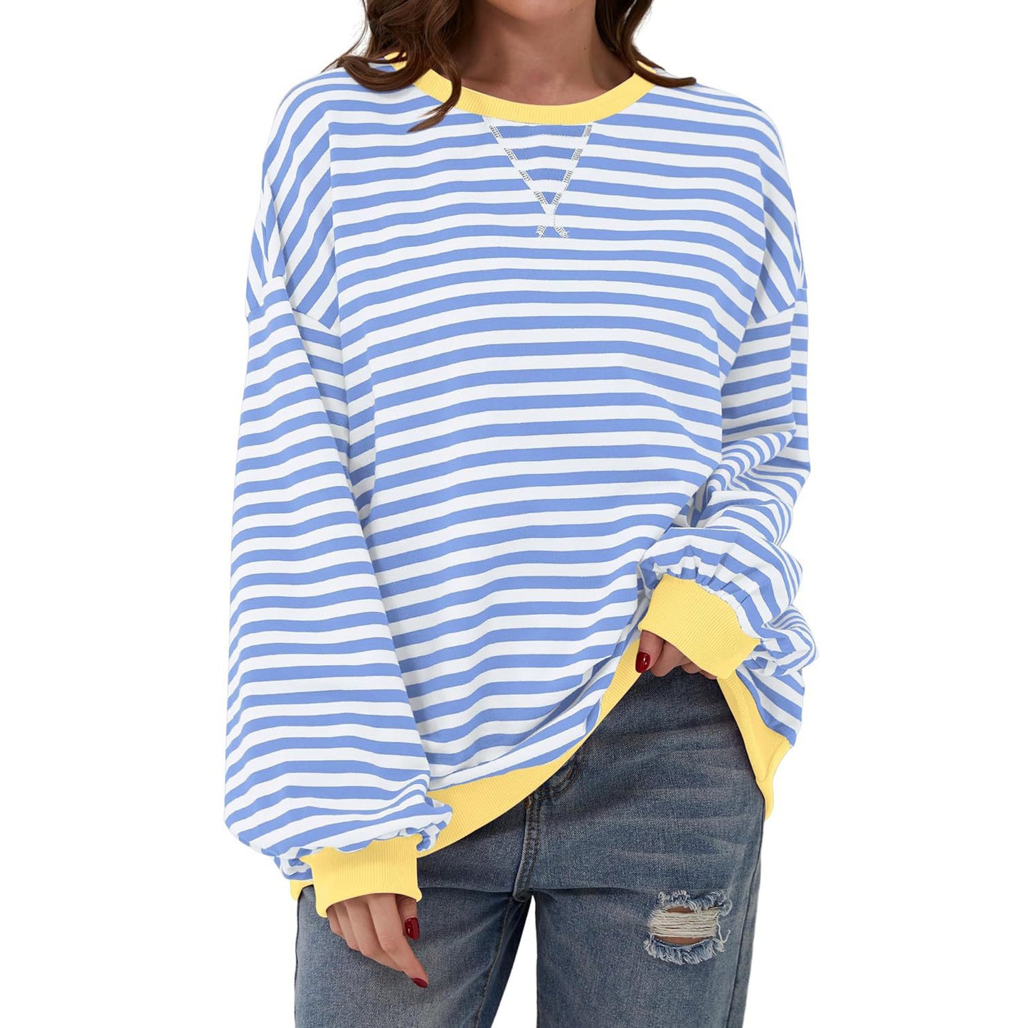 Loose Striped Long Sleeve T-shirt Casual Pullover Sweater For Women's Clothing