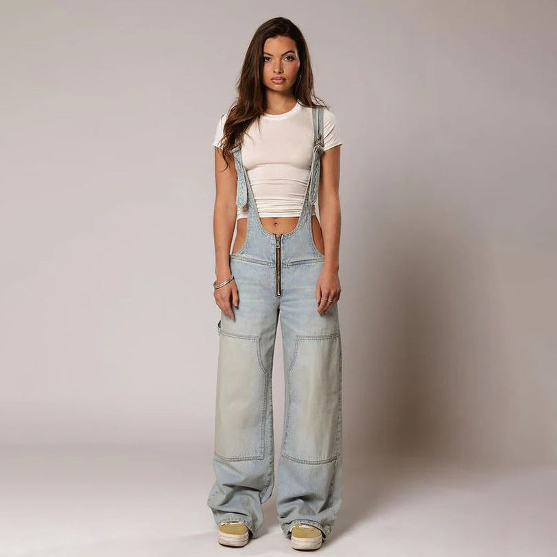 Y2K Zipper Denim Overalls With Pockets Fashion Loose Suspender Jumpsuit Streetwear Jeans Pants Women's Clothing