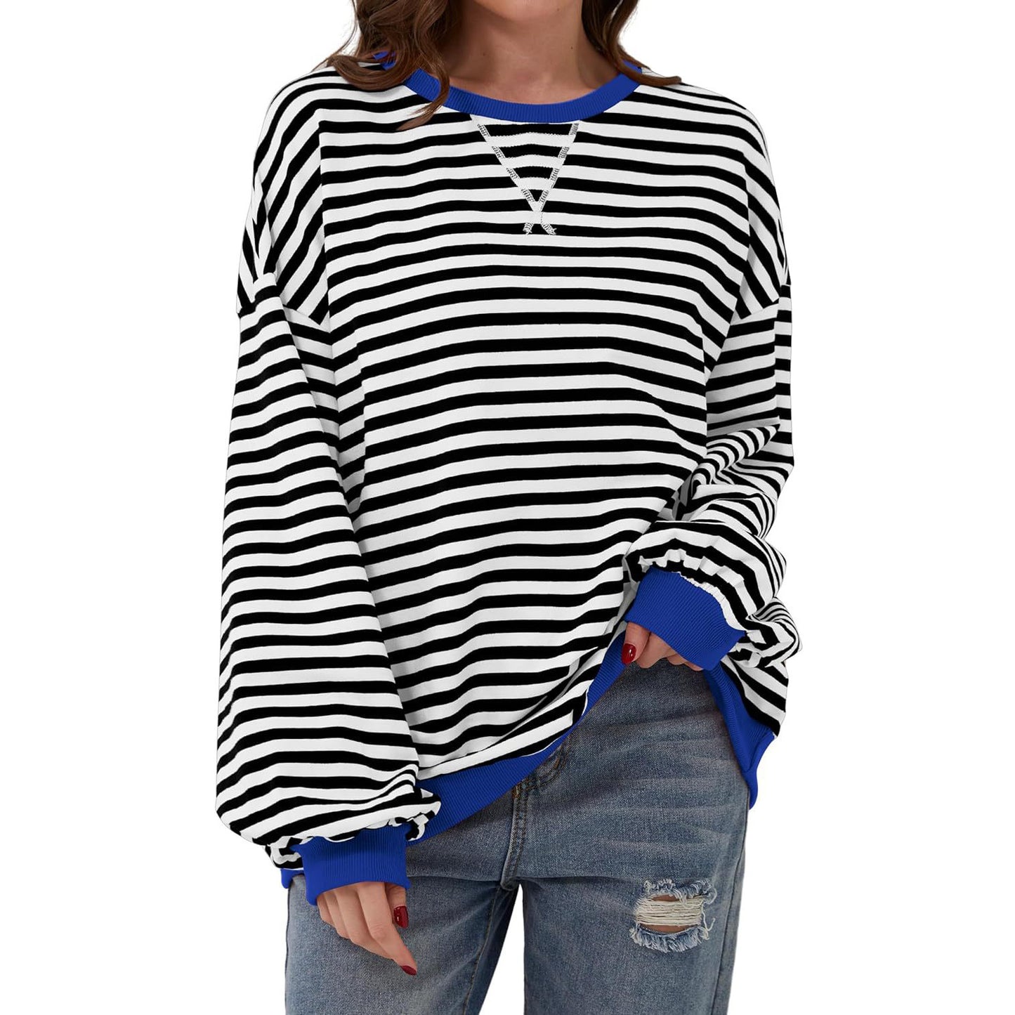 Loose Striped Long Sleeve T-shirt Casual Pullover Sweater For Women's Clothing