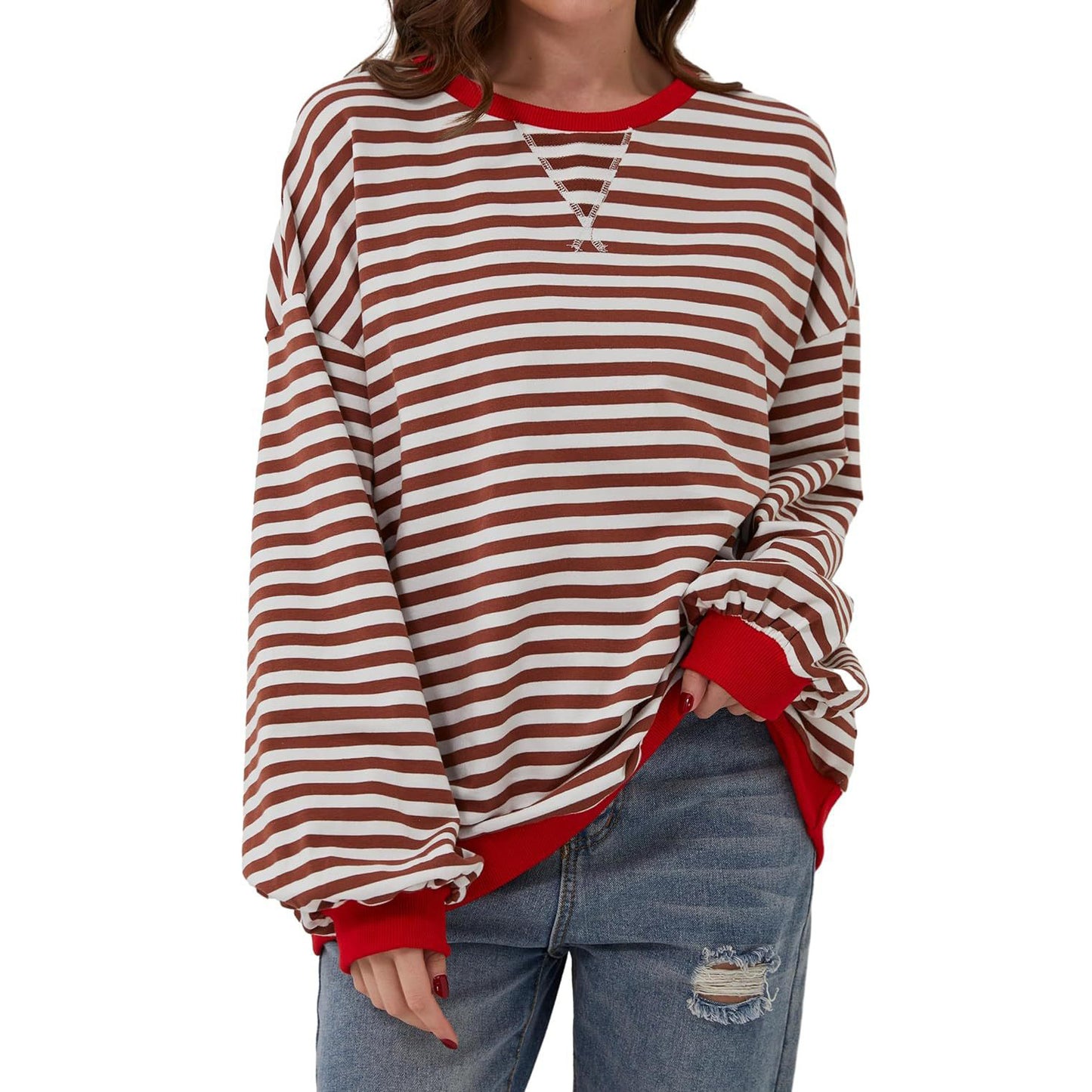 Loose Striped Long Sleeve T-shirt Casual Pullover Sweater For Women's Clothing