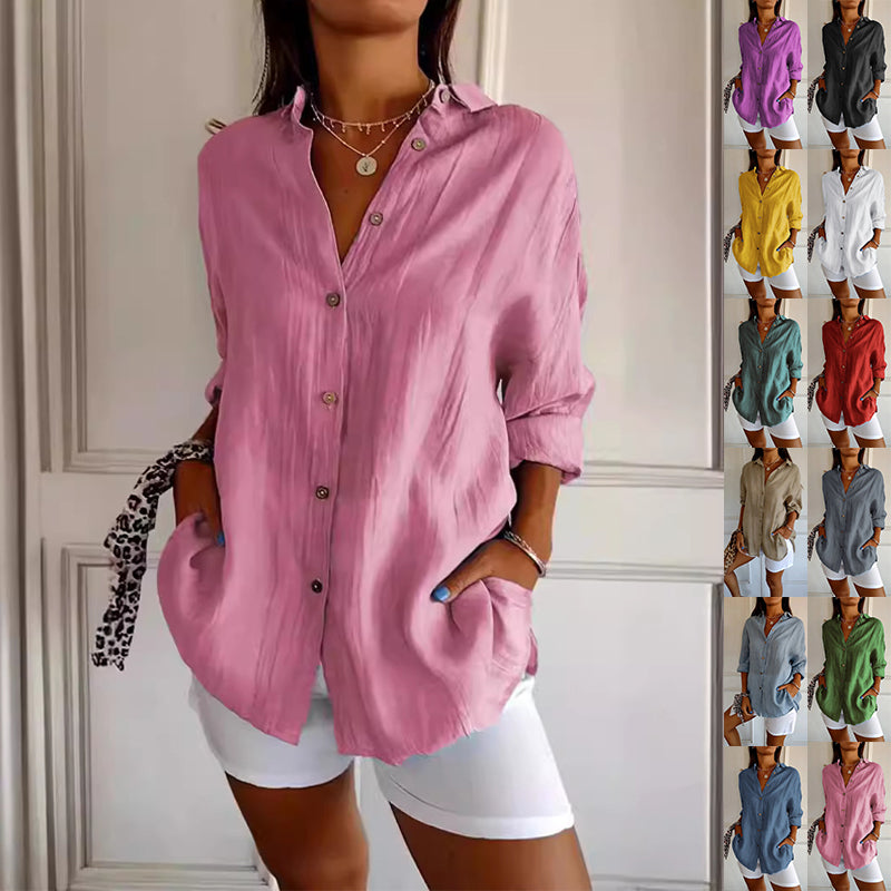 Lapel Long Sleeve Shirt Women'S Single-Breasted Pleated Shirt