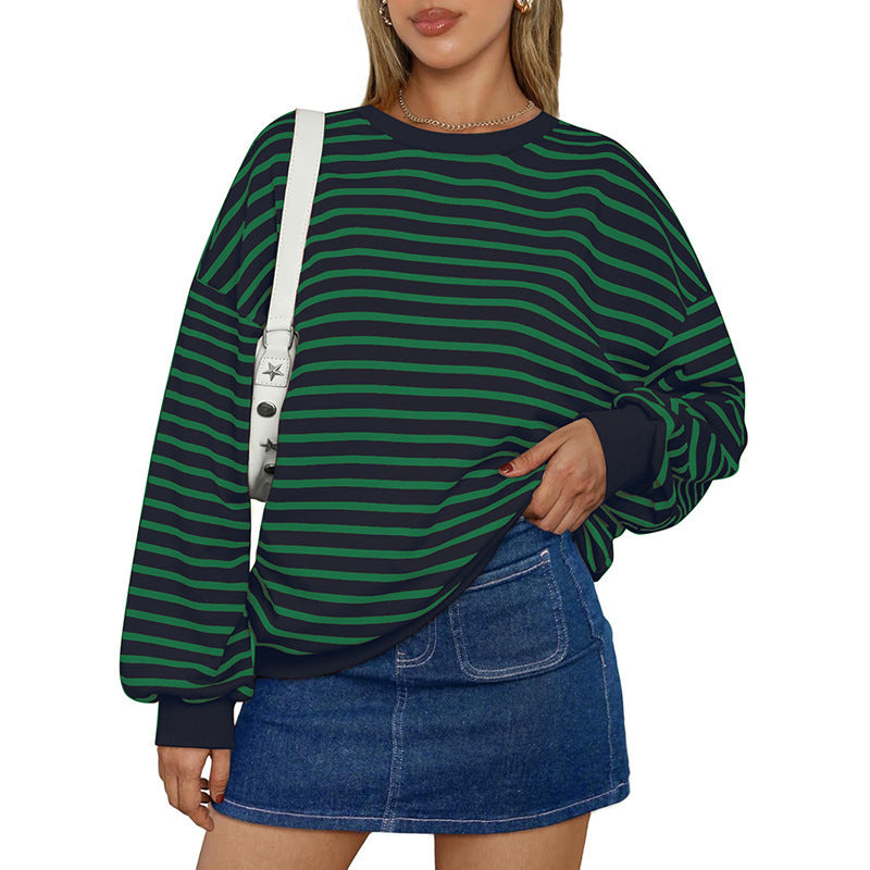 Cross Border TK Amazon Hot Oversized Loose Casual Striped Full Sleeves Tshirt