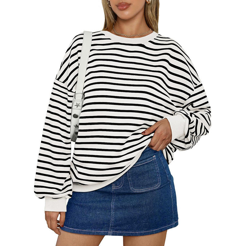 Cross Border TK Amazon Hot Oversized Loose Casual Striped Full Sleeves Tshirt