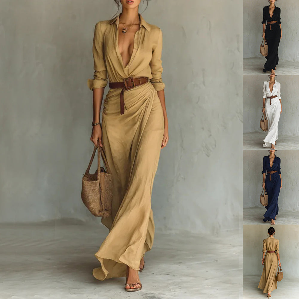 Irregular Long Dress With Belt Fashion And Elegant
