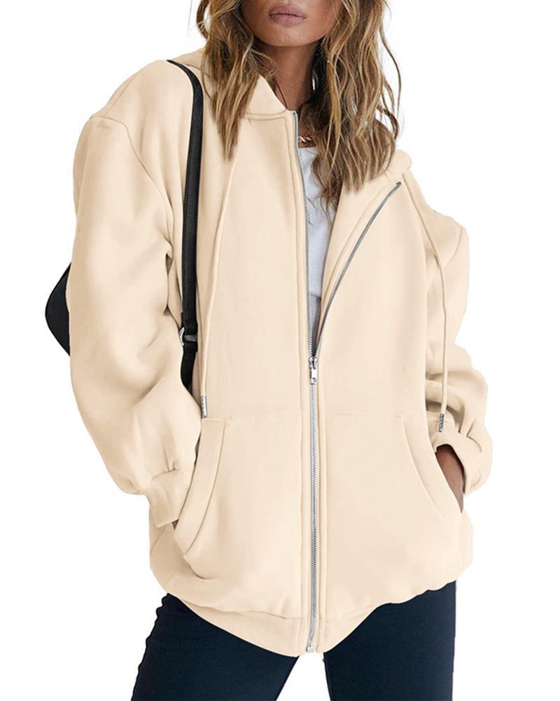 Women's Fashion Casual Solid Color Drawstring Zipper Hooded Sweatshirt