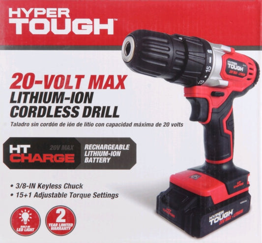 Hyper Tough 20V Max Lithium-Ion Cordless Drill, 3/8 inch Chuck, Variable Speed, with 1.5Ah Lithium-i