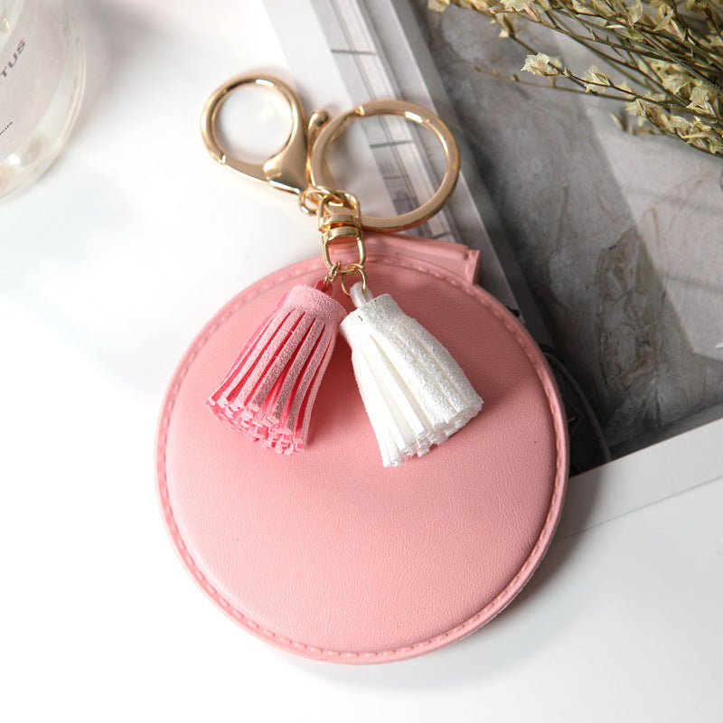 Mini Round PU Leather Small Mirror Lovely Tassel