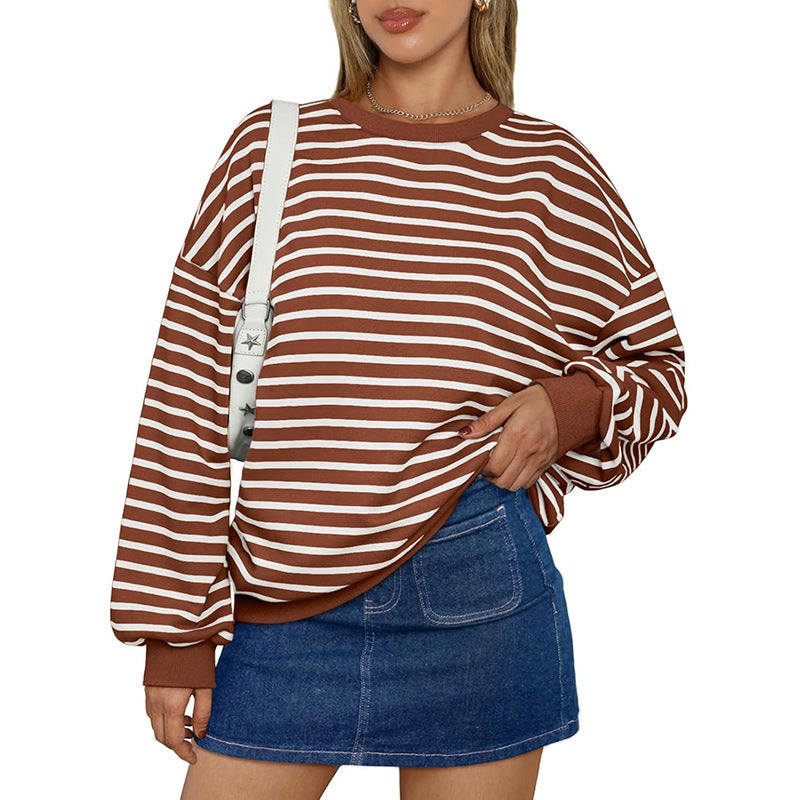 Cross Border TK Amazon Hot Oversized Loose Casual Striped Full Sleeves Tshirt