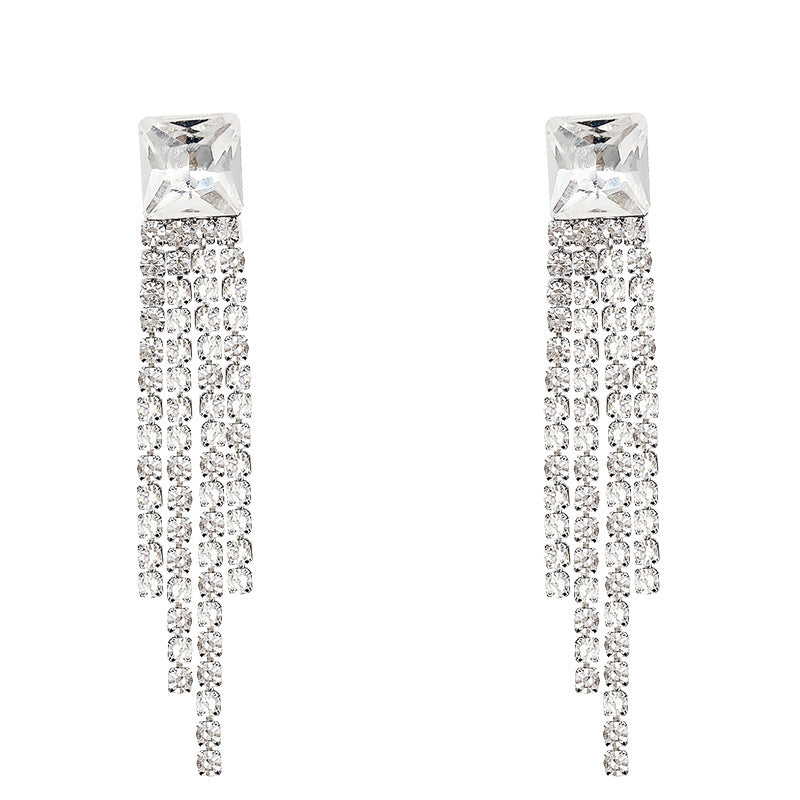 Sterling Silver Needle Sparkling Long Fringed Zircon Earrings