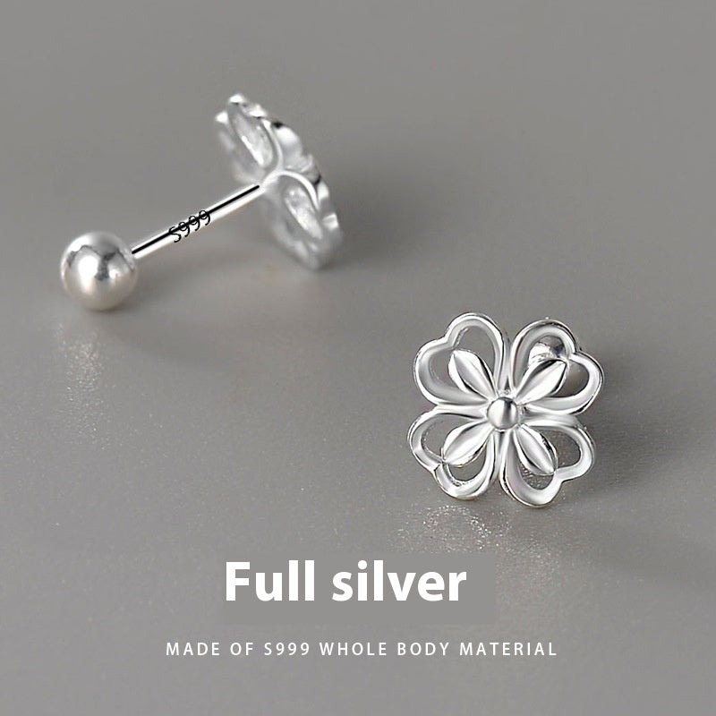 S999 Sterling Silver Sweet Flowers Cute Screw Ear Bone Stud Earrings Full Body Silver Female