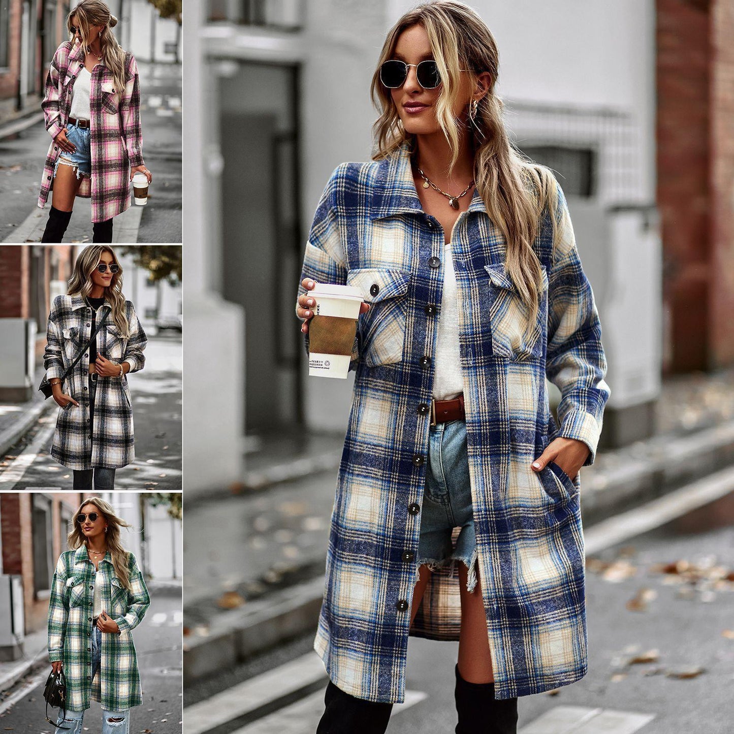 Temperament Leisure Long Plaid Tup Cardigan Coat