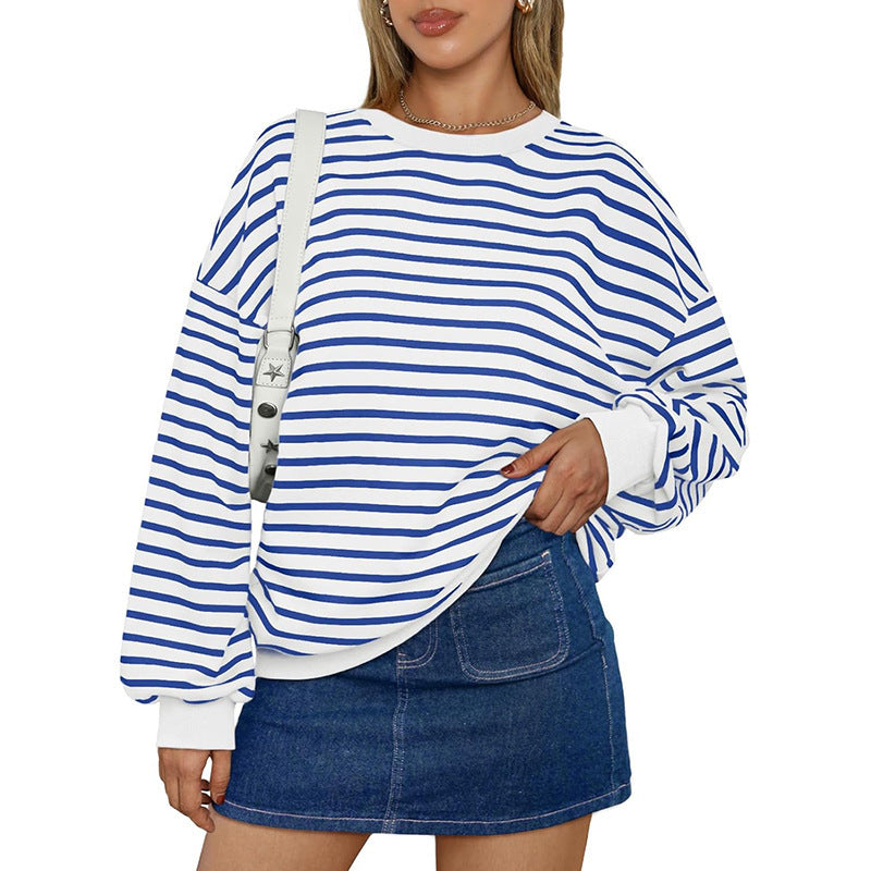 Cross Border TK Amazon Hot Oversized Loose Casual Striped Full Sleeves Tshirt