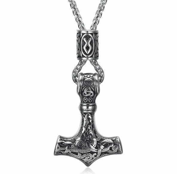 Nordic Vikings Hammer Rune Pendant Necklace Male