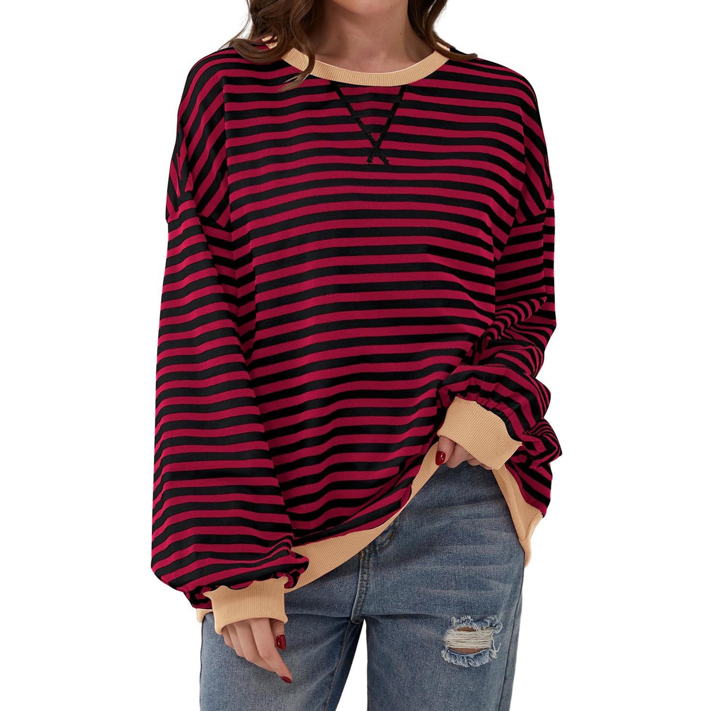 Loose Striped Long Sleeve T-shirt Casual Pullover Sweater For Women's Clothing