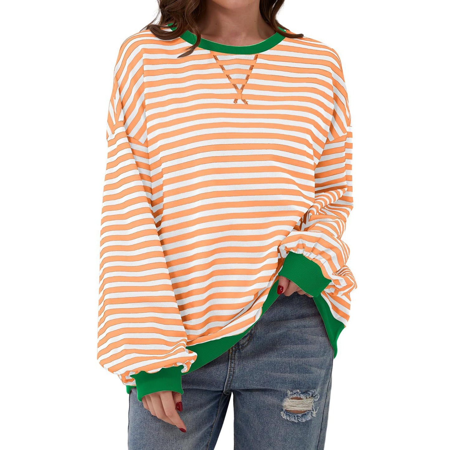 Loose Striped Long Sleeve T-shirt Casual Pullover Sweater For Women's Clothing