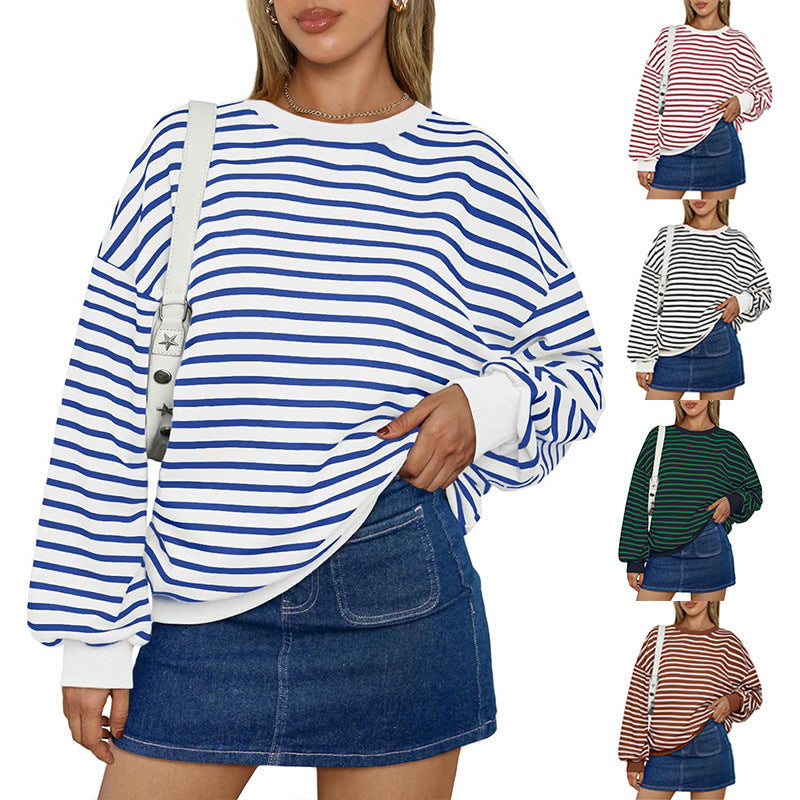 Cross Border TK Amazon Hot Oversized Loose Casual Striped Full Sleeves Tshirt