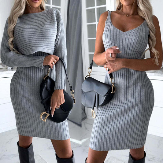 2Pcs Suit Women'S Solid Stripe Long-Sleeved Top And