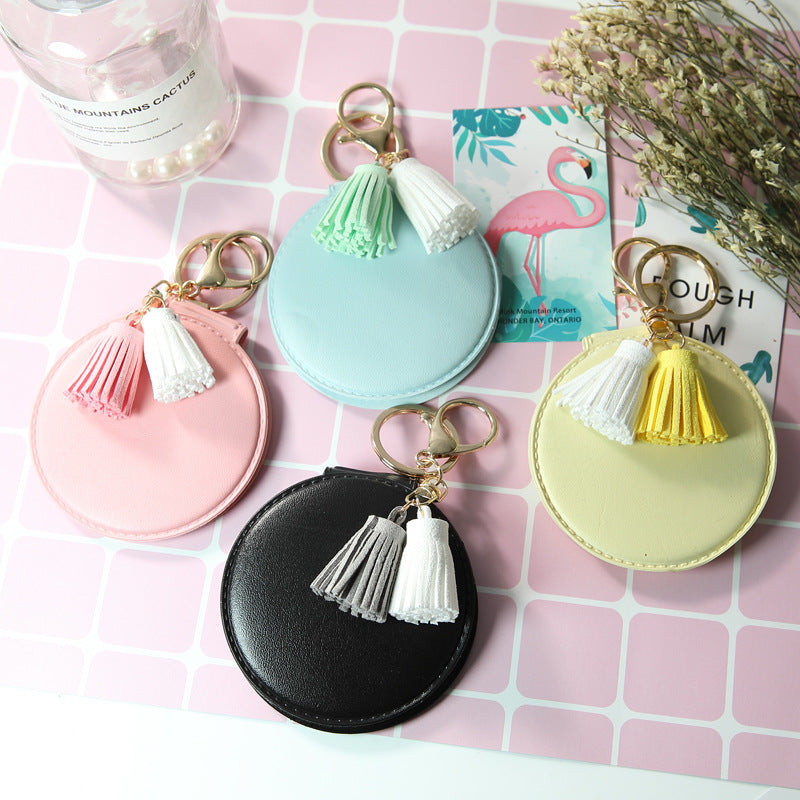 Mini Round PU Leather Small Mirror Lovely Tassel