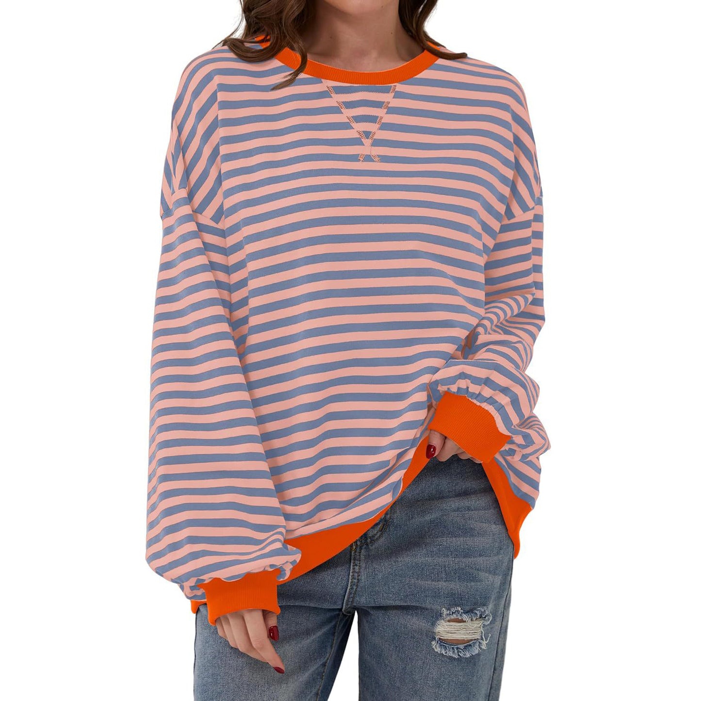 Loose Striped Long Sleeve T-shirt Casual Pullover Sweater For Women's Clothing